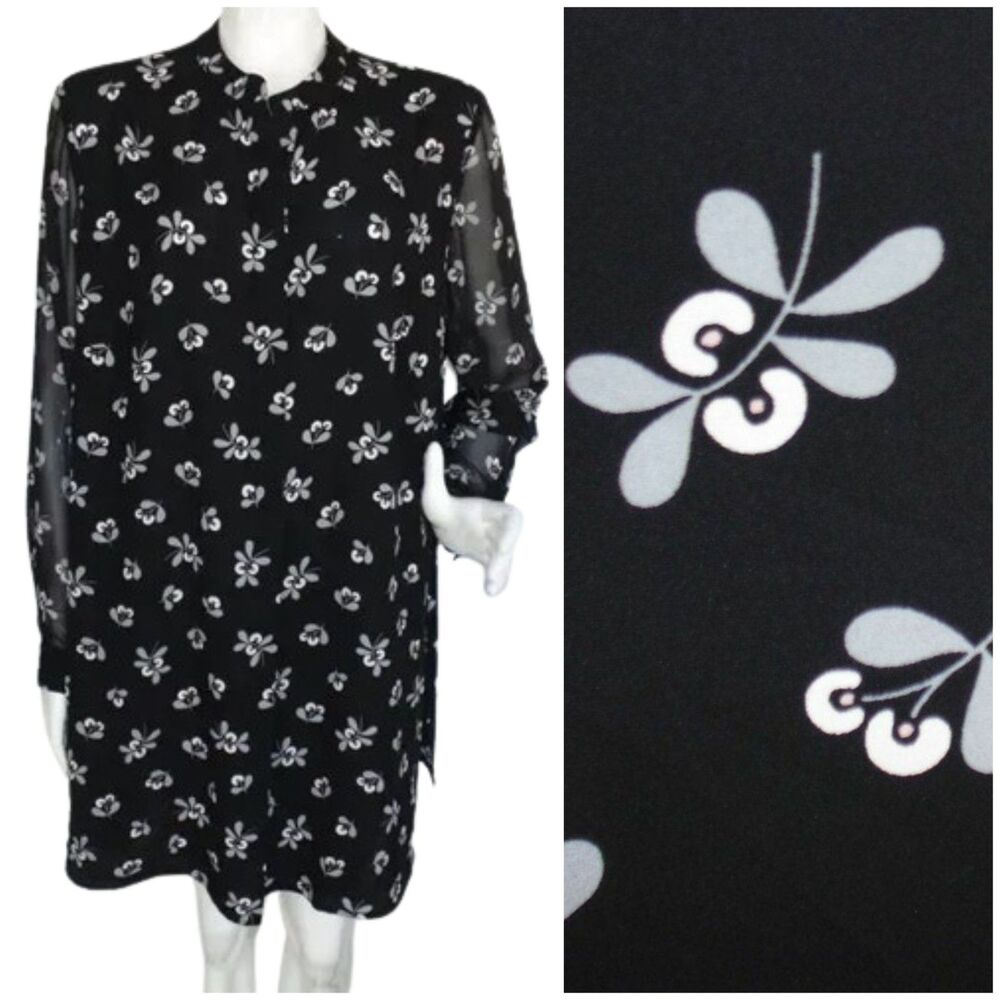 ANNE KLEIN Dress, XXL, Mini length, Long sleeves, Black, Grey/White Flor…